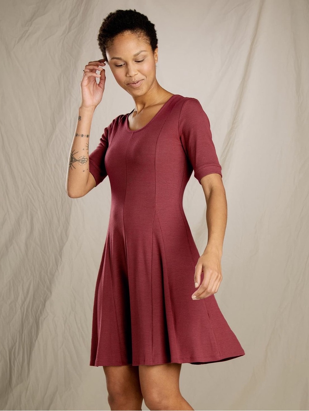 Toad&Co Daisy Rib Cafe Sleeve Dress Ribbed Fit & Flare Berry Red Size Small